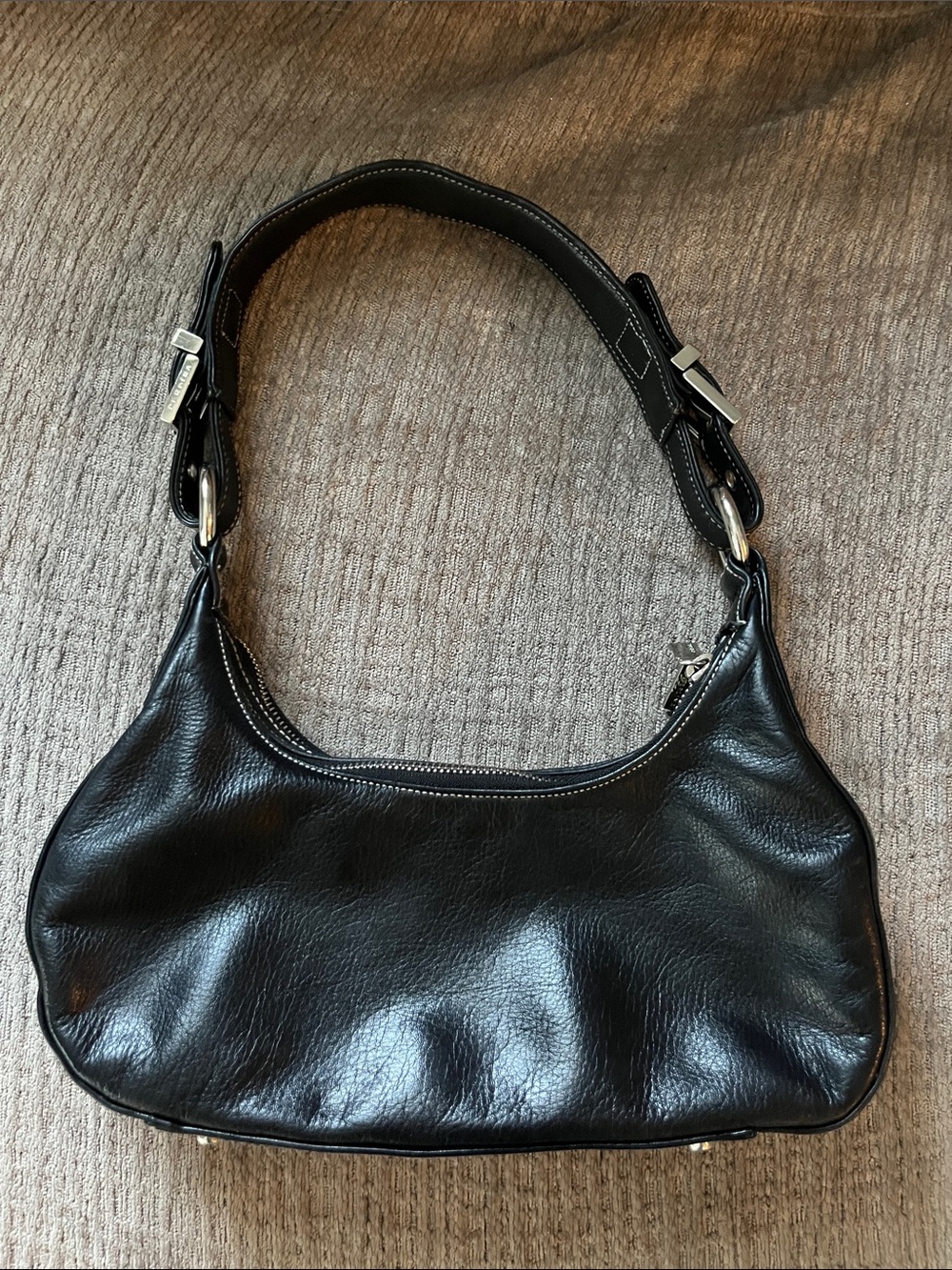 Perlina Black Leather Shoulder Bag with Silver-Tone Hardware